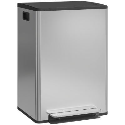 HOMCOM 60L Dual-Compartment Pedal Bin – Soft-Close Lid, Removable Inner Buckets, Silver