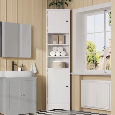 Dreieckiger Badezimmerschrank, verstellbare Einlegeböden und Doppeltüren, 37 x 24,5 x 170 cm, Weiß