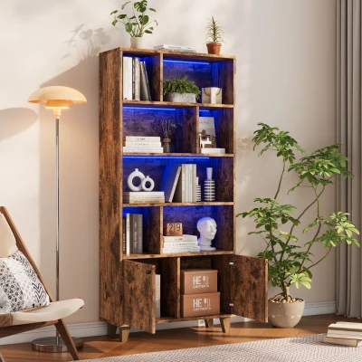 Bücherregal mit LED-Farbwechsel-Ambientelicht, Doppeltüren und mehreren Ablagefächern, 80 x 30 x 173 cm, Braun