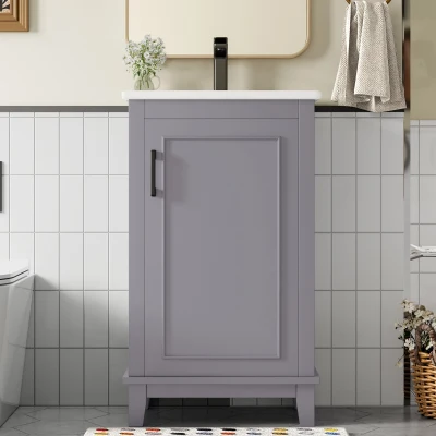 Freistehender Badezimmerschrank mit integriertem Keramikwaschbecken, verstellbaren Regalen, 51 x 34 x 83 cm, Grau