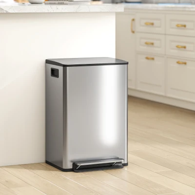 HOMCOM Papelera de cocina 50 L con pedal y cierre suave, cubo extraíble, 41,7 x 36,6 x 62 cm, plateado