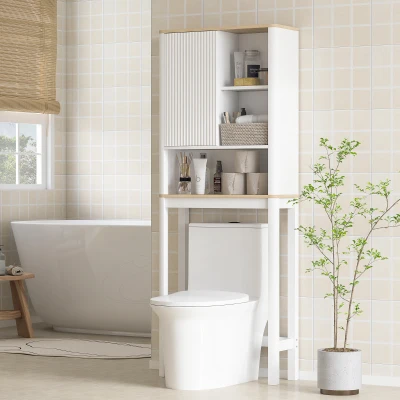 HOMCOM Über-Toiletten-Schrank mit gerillter Tür, Fächer & verstellbarem Regal, 65 x 25 x 170 cm, Weiß