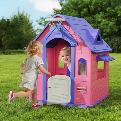 AIYAPLAY 5-in-1 Kids Playhouse with Hoop & Goal, Pink