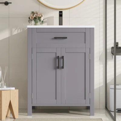 Freistehender Badezimmerschrank mit Waschbecken, Doppeltürregale, praktische Schubladen, verstellbare Regale, 60 x 46 x 84,8 cm, Grau