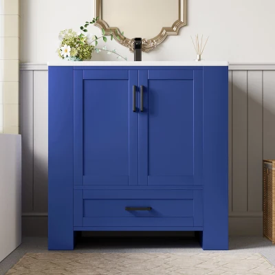 Freistehender Badezimmerschrank mit integriertem Keramikwaschbecken, Doppeltürregale und Schubladen, 76 x 46 x 78,5 cm, Blau