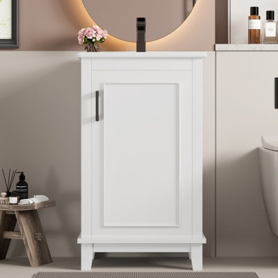 Freistehender Badezimmerschrank mit integriertem Keramikwaschbecken, verstellbaren Regalen, 51 x 34 x 83 cm, Weiß