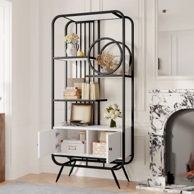Metallregal mit drei Regalböden und runder Dekoration, weißer Lagerschrank mit Doppeltür, 80 x 30 x 180 cm, Weiß+Schwarz