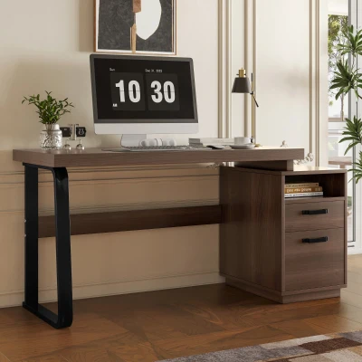 Moderner Schreibtisch im minimalistischen Stil, MDF-Schreibtischplatte mit hochwertigem Metallrohr, multifunktionales Aufbewahrungsdesign, 161 x 54 x 76,3 cm, Braun