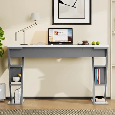 Einfacher Schreibtisch mit X-förmiger Halterung, Lagerregal mit sechs Positionen, 120 x 50 x 74 cm, Grau+Weiß