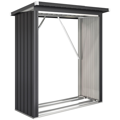 Outsunny Brandhoutschuur met verhoogde bodem, stalen constructie, schuin dak – 150 x 66,5 x 144/150 cm, donkergrijs