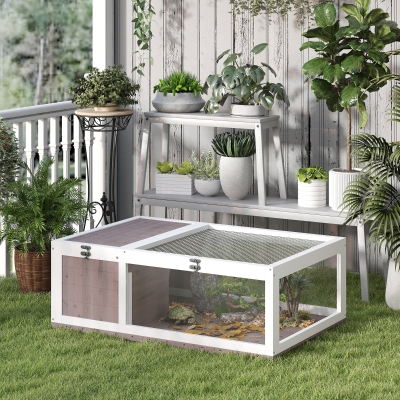 PawHut Terrario para Reptéis Casa para Tartarugas de Madeira com Painéis Laterais Transparentes e Trava 91x60,5x32 cm Castanho Acinzentado