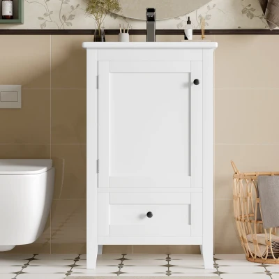 Badezimmerschrank mit Waschbecken, geräuschlose Schublade, verstellbares Regal, 51 x 46 x 85 cm, Weiß