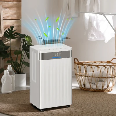 HOMCOM Deshumidificador 12L/día Silencioso con 3 Modos Pantalla LED Temporizado 24H Bloqueo Infantil y Drenaje Continuo Blanco
