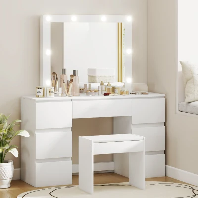 HOMCOM Toeletta Trucco con Specchio, 8 Luci, Cassetti e Sgabello