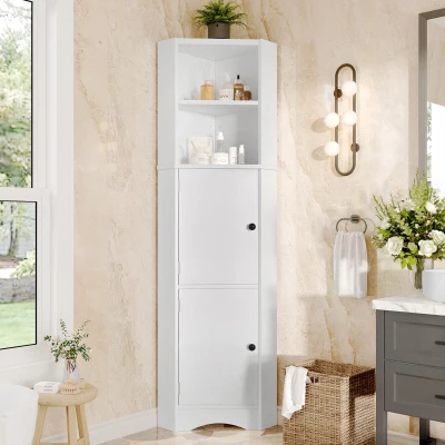 Dreieckiger Badezimmerschrank mit zwei offenen Ablagefächern, verstellbaren Trennwänden, 51,7 x 32 x 155,4 cm, Weiß