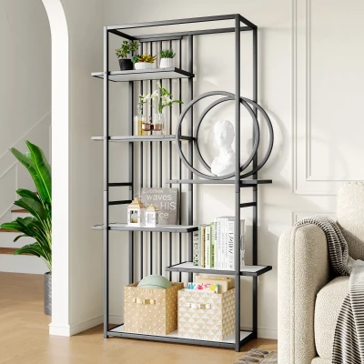Metallregal im modernen Stil, solides Metallrohr, mehrstufiges Design mit sechs Ablageflächen, 100 x 30 x 180 cm, Weiß+Schwarz