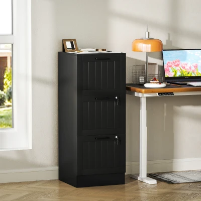 HOMCOM Caisson Bureau 3 Tiroirs Serrure Bois Noir 40x40x101cm