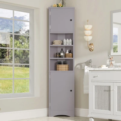 Dreieckiger Badezimmerschrank, verstellbare Einlegeböden und Doppeltüren, 37 x 24,5 x 170 cm, Grau
