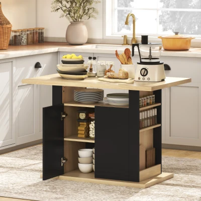 HOMCOM Table Cuisine Ilot Noir 4-6 Pers Placard 4 Portes