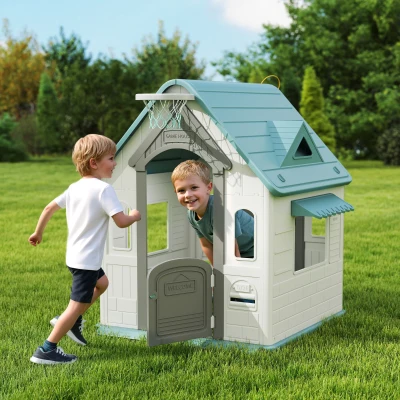 AIYAPLAY 5-in-1 Spielhaus für Kinder, für drinnen und draußen geeignet, Gartenspielhaus aus Kunststoff, mit Spielzubehör, 2-5 Jahre, Beige+Grün+Grau