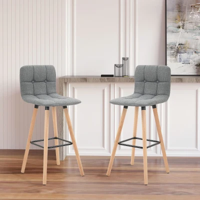 HOMCOM Lot 2 Tabourets Bar Capitonnés Bois Gris 41,5x47x97,5cm