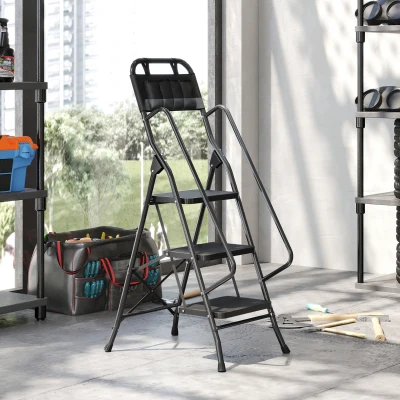 HOMCOM Escalera Plegable de 3 Peldaños con Bolsa de Herramientas Escalera de Tijera con Peldaños Anchos Antideslizantes Negro