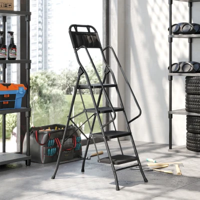 HOMCOM Escalera Plegable de 4 Peldaños con Bolsa de Herramientas Escalera de Tijera con Peldaños Anchos Antideslizantes Negro