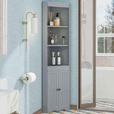 Badezimmer-Hochschrank mit drei offenen Ablagefächern, 49,5 x 35 x 170 cm, Grau