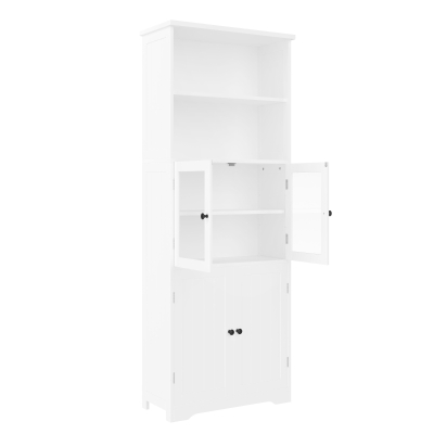 Badezimmer-Hochschrank mit Stauraum, Glasschranktür, Holzschranktür, verstellbare Trennwände, 57,4 x 28,4 x 162,5 cm, Weiß
