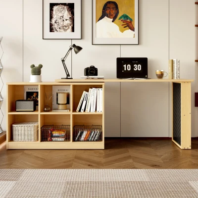 Multifunktionaler Bürotisch mit Sechsfach-Lagerschrank und Ablage, veränderbare Form, 140 x 104 x 75 cm, Naturfarbe
