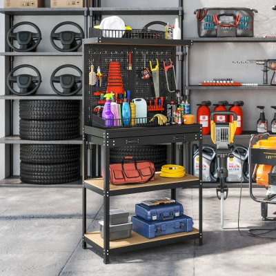 HOMCOM Banco de trabajo con panel portaherramientas, 2 estantes y cajón — 80 x 40,5 x 155 cm (negro)