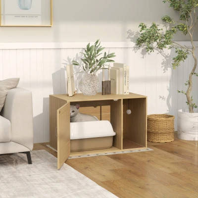 PawHut Mueble Arenero para Gatos Caja de Arena para Gatos con Almohadilla para Rascar y Puerta de Ratán 80x50x50 cm Roble