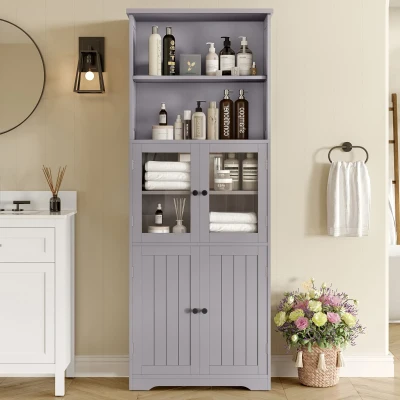 Badezimmer-Hochschrank mit Stauraum, Glasschranktür, Holzschranktür, verstellbare Trennwände, 57,4 x 28,4 x 162,5 cm, Grau