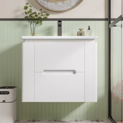 Wandhängender Badezimmerschrank mit LED-Radarsensor-Beleuchtung, zwei Schubladen und seitlichen Ablagen, 61 x 46 x 50 cm, Weiß