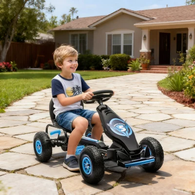 HOMCOM Kinder-Gokart, mit Pedalen, verstellbarem Sitz, In- und Outdoor, ab 5 Jahren, blau+schwarz, 121 x 58 x 61 cm