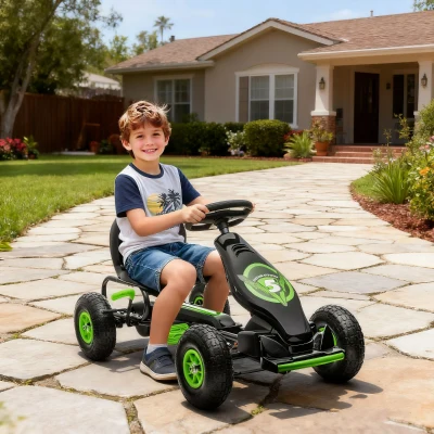 HOMCOM Kart à Pédales Vert/Noir 5-12 Ans Siège Réglable