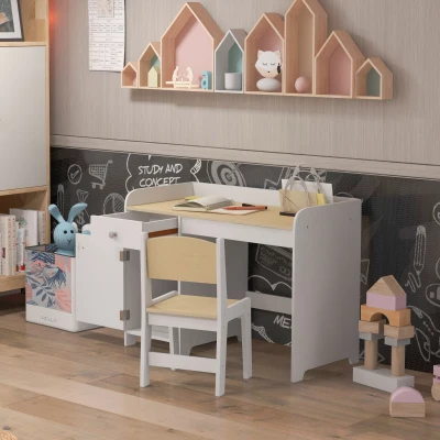 ZONEKIZ Kids Desk and Chair Set with Storage Drawer - White