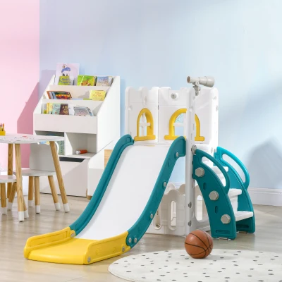 AIYAPLAY Tobogán Infantil 4 en 1 con Aro de Baloncesto Telescopio Escalador y Cesta Inferior para Interior Amarillo y Verde