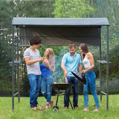 Outsunny Grillpavillon mit Flammschutzdach, BBQ-Pavillon mit 2 Ablagen, Polyester, Schwarz, 218 x 138 x 216 cm