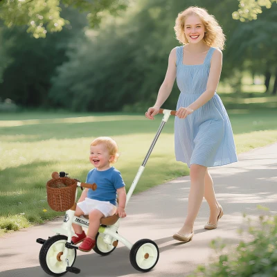 AIYAPLAY Toddler Trike 2-in-1 with Handle & Basket White