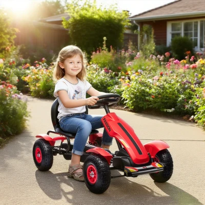 HOMCOM Go Kart a Pedales para Niños con Asiento Ajustable Neumáticos de Goma Freno de Mano Carga 50 kg 121x58x61 cm Rojo