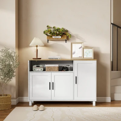 HOMCOM Aparador de Sala com Prateleiras Ajustáveis Compartimento Aberto Pernas de Madeira 110x33x75 cm Branco
