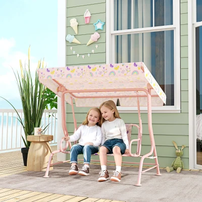 AIYAPLAY Baloiço de Jardim para Crianças com 2 Lugares Toldo Ajustável Cinto de Segurança e Desenho de Borboletas 112x75x120 cm Rosa