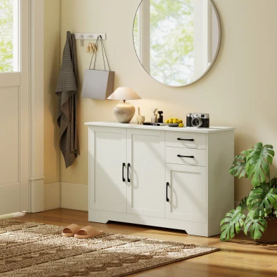 HOMCOM Aparador com 3 Portas Moderno para Sala de Estar com 2 Gavetas Prateleira Ajustável 120x38x79 cm Branco com Efeito Madeira