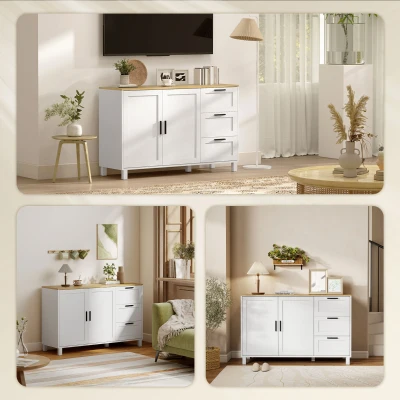 HOMCOM Aparador Moderno para Sala de Estar com 2 Portas e 3 Gavetas Prateleira Ajustável para Sala de Jantar Entrada 120x38x76 cm Branco