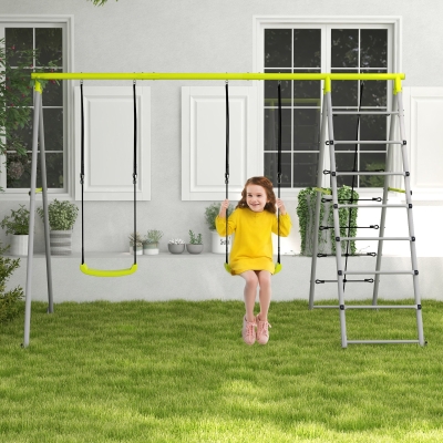 Outsunny Baloiço para Crianças 4 em 1 com 2 Baloiços Trepador Rede de Escalada Corda Ajustável e Anti-UV 260x185x180 cm Cinza e Verde