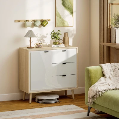 HOMCOM Aparador de Sala Moderno com 3 Gavetas Prateleira Ajustável e Pés em Madeira 80x35x77 cm Branco Brilhante e Carvalho