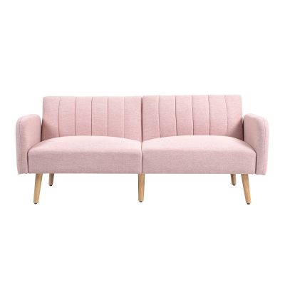 HOMCOM Canapé Convertible 2 Places Tissu Lin Rose Pieds Bois