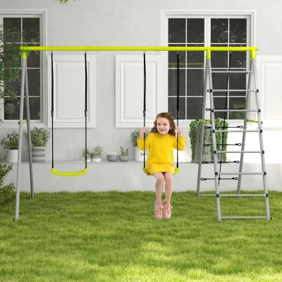 Outsunny Columpio para Niños con Altura Ajustable 2 Sillas Trepador Red de Escalada y Anti-UV 260x185x180 cm Gris y Verde