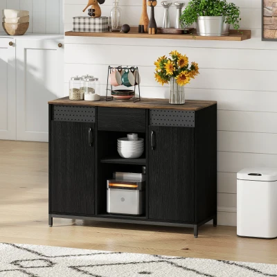 HOMCOM Aparador de 2 Puertas con Orificios 2 Compartimentos y Cajón Estantes Ajustables 100x40x80 cm Negro y Marrón Rústico
